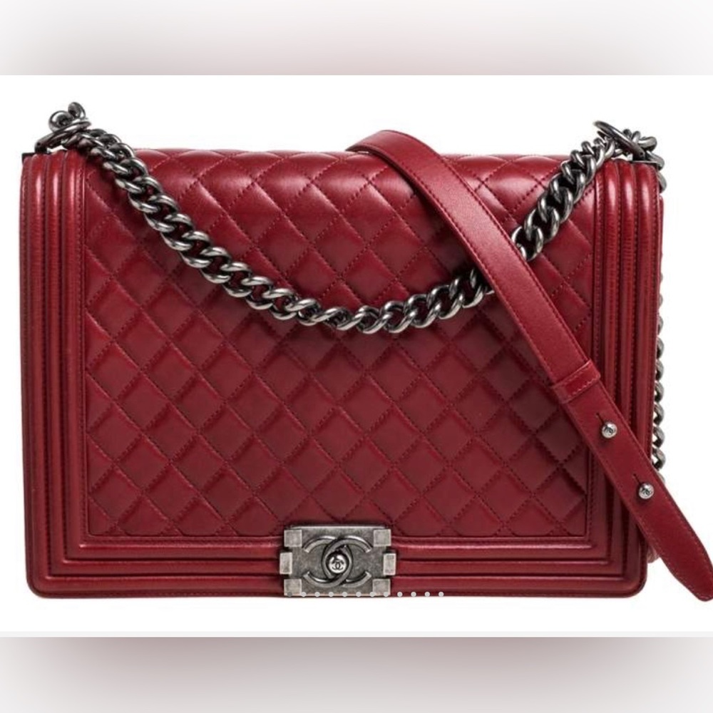 Authentic CHANEL Lambskin Quilted Large Boy Flap in Red